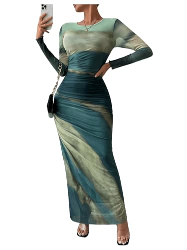Women's Tie Dye Long Sleeve Maxi Dress Bodycon Ruched Night Out Formal Cocktail Long Dress for Wedding Guest Party Olive Green