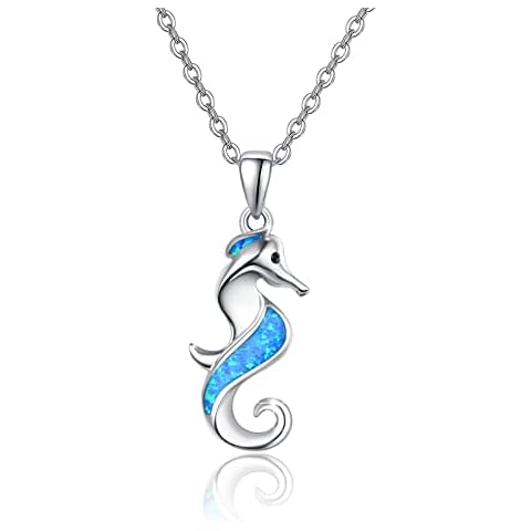 ZIPPICE Hippocampus Opal Necklace, 925 Sterling Silver Necklace,Blue Opal Necklace Pendant Necklace, Animal Hippocampus Necklace Decor with Black Cubic Zirconia, Jewelry Gift for Women Girls Cover