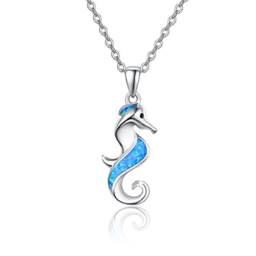 Collar de ópalo de hipocampo, collar de plata de ley 925, collar con colgante de ópalo azul, decoración de collar de hipocampo animal con circonita cúbica negra, joyería para mujeres Cover