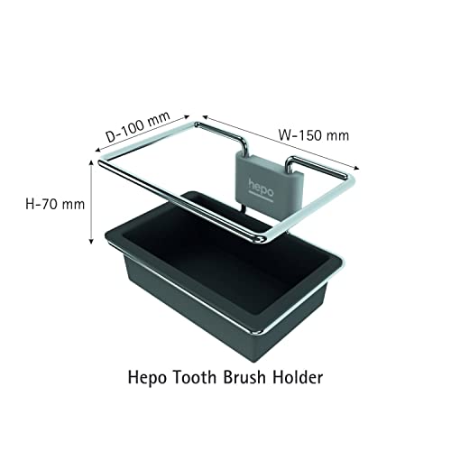 Image of Hepo Stainless Steel Bathroom Tooth Brush Holder Stand Storage Organizer, 1 Tooth Brush Holder | 1 Plastic Tray | 1 Cover Cap |3 Wall Fixing Screws (Grey, 150x100x70 mm) Set of 1