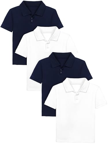 Poroka 4 Pack Boys Polo Shirts Solid School Uniform Cotton Short Sleeve Golf Polo Shirt for Kids Boy Navy Blue White