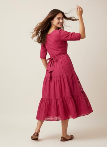 Image of Her Couture Cotton Midi Schiffli Embroidered Dress with Attached Belt