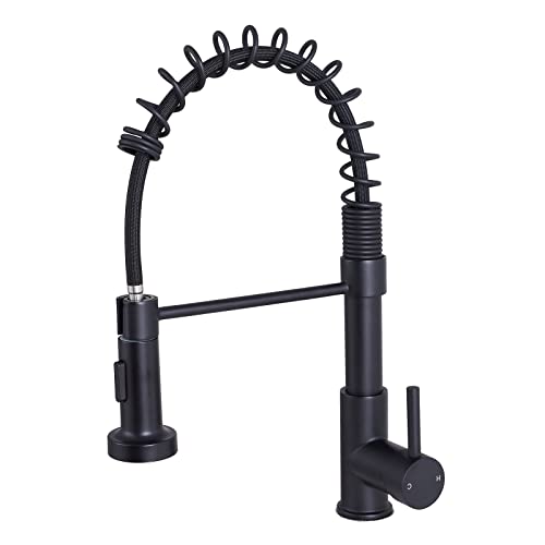 Shaco Matte Black Kitchen Faucet With Pull Down Sprayer, Modern Stainless Steel Single Handle Spring Kitchen Faucets For Farmhouse Outdoor Rv Camper Laundry Prep Wet Bar Sink 1 Hole #TOP13