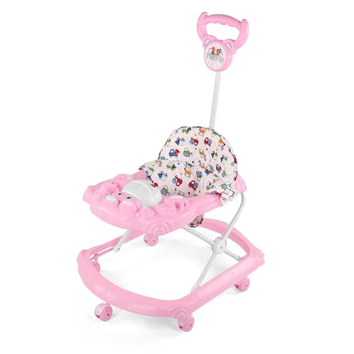 Image of BabyGo Tintin Baby Walker for 6-24 Months, Baby Walker with Push Handle & Activity Tray - Foldable Adjustable Height Infant Walker with Wheels, Music,Toy Bar and Comfotable Seat (Pink)