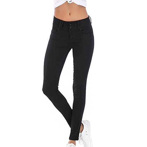 Women's Mid Rise Skinny Pencil Jeans Casual Slim Fit Butt Lift Denim Pants 2 Button Washed Stretch Jean Trousers (Black,Medium)