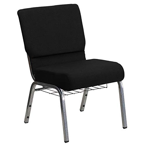 Flash Furniture HERCULES Series 21''W Church Chair in Black Fabric with Book Rack - Silver Vein Frame