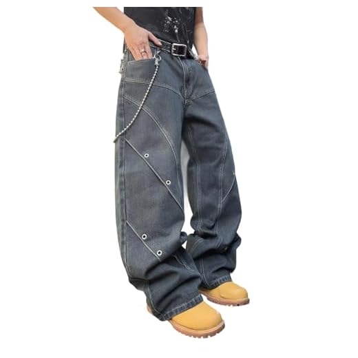 DFGIGT Calça jeans masculina folgada patchwork Y2k hip hop perna larga casual solta calça streetwear, C12 Azul, XGG