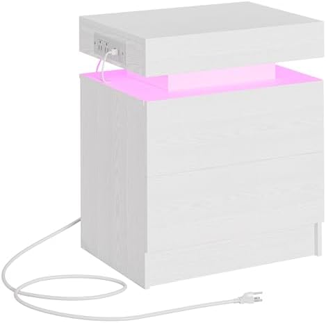 Halitaa Nightstand With Charging Station & LED Lights - 3 Drawer Side Table With USB Ports, White