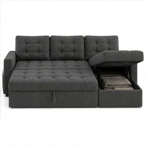 Image of CASASTYLE Sumur 4 Seater RHS L Shape Sofa with Pull Out Bed & Storage Lounger | Premium Soft Velvet Suede Fabric | Comfort Cushions | Ideal for Living Room, Hotel & Office (Dark Grey)