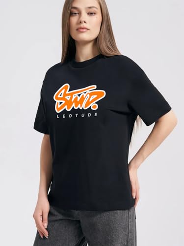 Image of LEOTUDE Women Cottonblend Half Sleeve Oversized Regular Fit T-Shirts