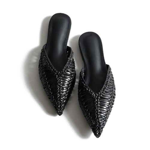 JANSEVEN Woven Flats Raffia Mules for Women Pointed Closed Toe Casual Slides Slip On Comfortable Dress Shoes3