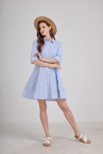 utcoco Womens Striped Button Down Midi Shirt Dress Casual Loose Cuffed Long Sleeve Mid Long Dresses3