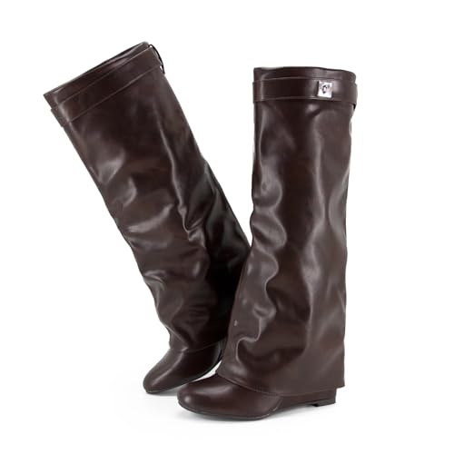 Image of Fold Over Boots Women's Knee High Shark Boots Round Toe Wedge Heel Flat Shoes for Fall Winter Dress Shoes