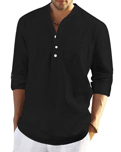YAOBAOLE Vintage Leinenhemd Herren Langarm – Luftiges Henley Shirt, Legeres Freizeitoberteil Schwarz 3XL