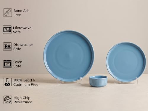 Image of Bodhi House 6-Piece Ribbed Porcelain Dinner Set for 2 with 2 Dinner Plates, 2 Quarter Plates & 2 Katori, Microwave & Dishwasher Safe, Chip Resistant Crockery Set for Home, Dining & Gifting, True Blue