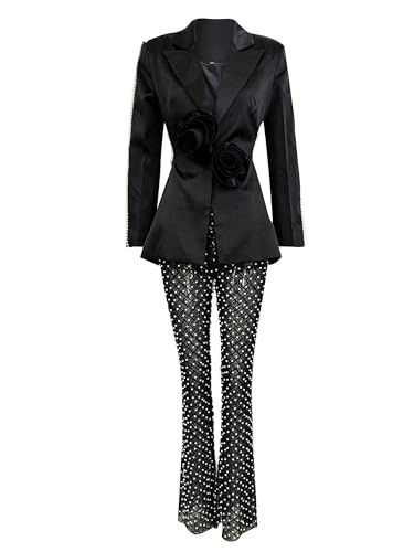 Women's 2 Pieces Blazer Pants Suit Sets Hollow Out Flowers Appliques Pearls Beaded Wedding Party Outfits