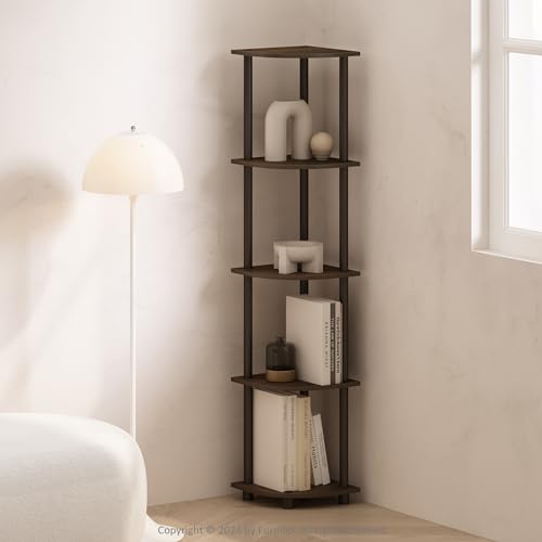 Image of Furinno Turn-N-Tube Storage Shelves, 5-Tier Book Shelf, Corner Shelf, Toolless Open Shelves, for Organization and Storage, Living Room, Home Office, Hallway, Bedroom, Walnut