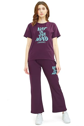 Image of ZEYO Women's Cotton Typography Wide Bottom Night Suit Set of Top & Pyjama