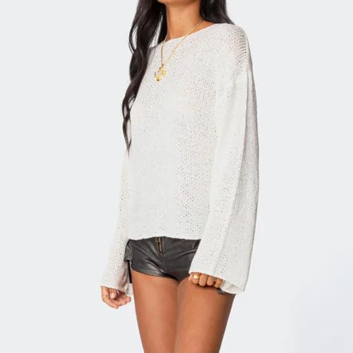 Women Y2K Knit Sweater Drop Shoulder Lightweight Boat Neck Loose Fit Oversized Sheer Knit Sweater Pullover Knitwear3