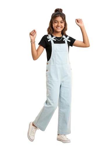 Image of KiddoPanti Girls Denim Dungaree Pant | Cotton Blend Stretch Jumpsuit | Single Front Pocket | Stylish Casual Kids Dungaree | Comfortable Everyday Wear 1-14 Years