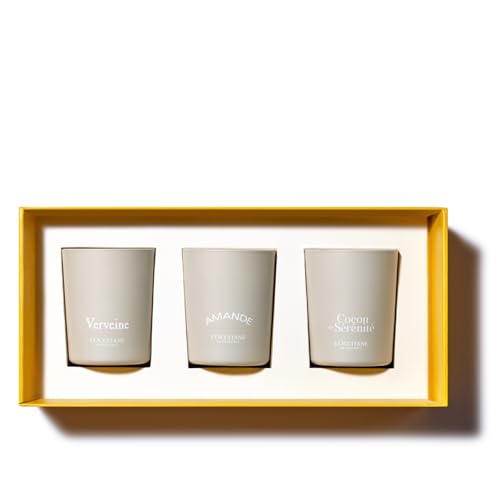 L'OCCITANE - Cofre de Navidad con 3 velas – Almendra, Cocon de Sérénité y Verbena – Fabricado en Francia
