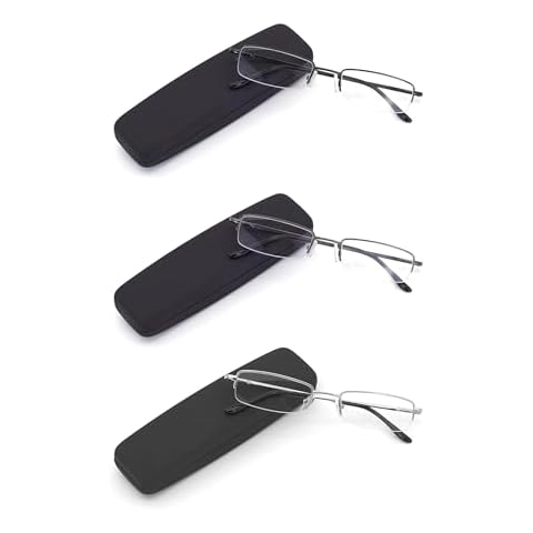 HIGHLIKE 3-Pack Blue Light Blocking Reading Glasses with Hard Cases, Semi Frame Spring Hinge Readers Glasses,Black Gunmetal Silver 2.0 x Cover