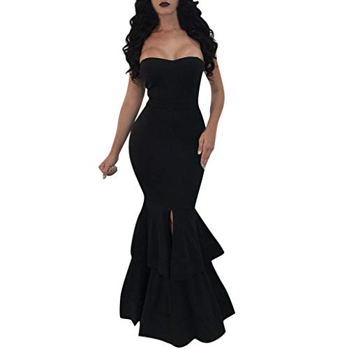 Strapless Asymmetric Slit Front Wedding Evening Party Maxi Dress Mermaid Party Maxi Gown Ruffle Hem Cocktail Prom Dresses(Black,X-Large)