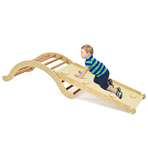 LIFEZEAL 3 in 1 Kletterdreieck mit Rutsche, Klettergerüst Set bis zu 60 kg, Kletterbogen Kinder aus Massivholz, Kletterspielzeug mit Matte für Kleinkinder, Kletterleiter Indoor