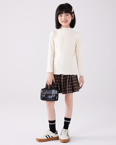 Image of ACESTAR Girls Solid Lettuce Trim Mock Neck Shirt Long Sleeve Slim Fit Ribbed Knit Tee Ruffle Tops Soft Base Layer