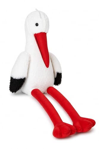 Ameisenkeks® Cigogne en peluche avec longues jambes 65 cm - Figurine décorative douillette pour naissance - Peluche douce assise 41 cm - Blanc rouge - Cadeau...