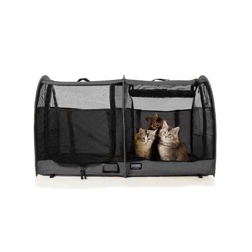 STURDI Pop-Up Kennel Show Shelter Pet Travel Carrier for Cats and Dogs, Double Compartment | Split Doors, Smoke