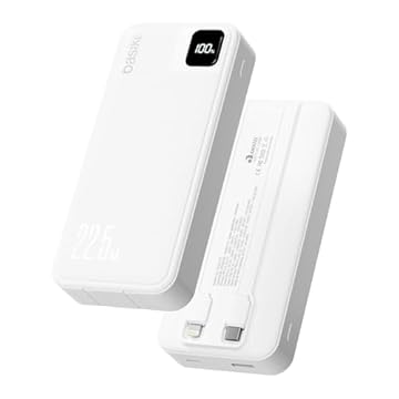 Basike Power Bank, Carregador Portátil Universal 20000mAh, USB-A(até 22.5W)+USB-C(até PD20W), com 2 Cabos Integrados (USB-C, Lightning) Carregamento Rápido, Led Indicador de Bateria (Branco)