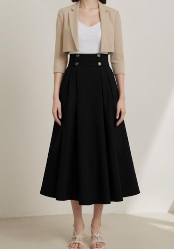 Lucuna Women's High Waisted Long Skirt Buttons Elastic Waist Ruffle Casual Business Work Maxi Skirt3