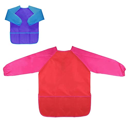 2 Stück Malschürze Kinder, Wasserdichte Kinder Malkittel mit Langarm und 3 Taschen, Bastelschürze für Schule Kunst Malerei, Kochen, Essen, Laboraktivität, Blau & Rot Cover