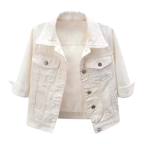 JiXiang Denim Jackets for Women Trendy 3/4 Sleeve Short Jacket Lapel Button Down Light Cropped Trucker Jean Coats With Pocket