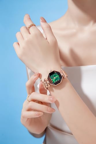 Image of Giordano Dress Watch for Women - Rose Gold Finish, Diamond Accented Octagonal Dial & Stainless Steel Strap