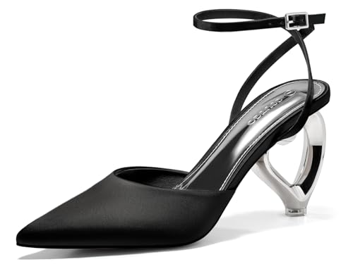 Image of Coutgo Womens Kitten Heels Closed Pointed Toe Heart Heel Ankle Strap Satin Pumps Wedding Prom Dress Valentine Shoes