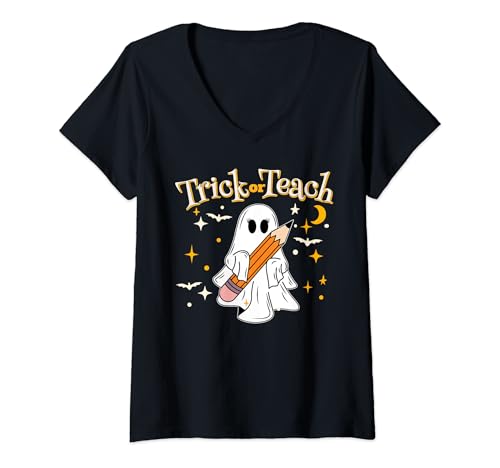 Donna Trick or Teach Funny Halloween Ghost Spooky Teacher Maglietta con Collo a V