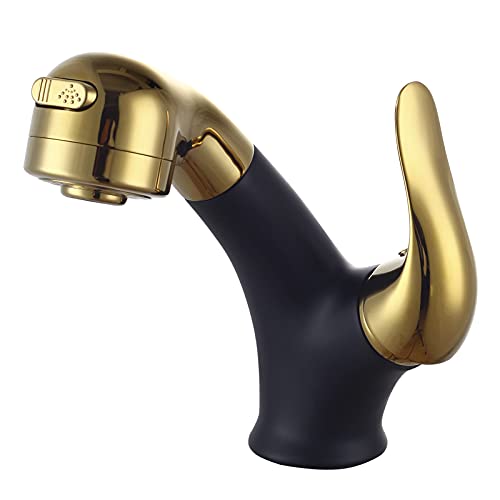 Robinet mitigeur de lavabo noir or avec douchette extractible laiton de salle de bain