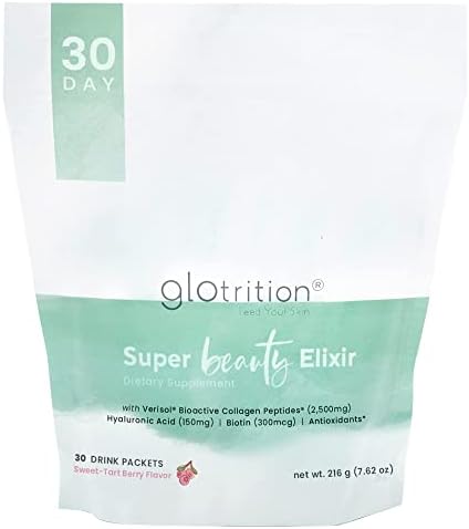 Glotrition Super Beauty Elixir - Collagen Peptides Skincare Drink Packets with Vitamin C, Hyaluronic Acid & Biotin