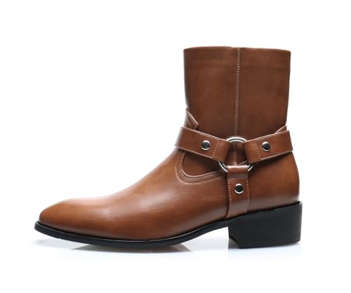 Santimon Men's Sleek Fashion Chelsea Ankle Boots, Pointed Toe, Side Zipper, Buckle Strap, Black, Brown2