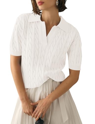 Image of Micoson Womens Short Sleeve Sweater Tops Lapel V Neck Polo Shirts 2026 Summer Cable Knit Loose Blouse Business Casual Outfits