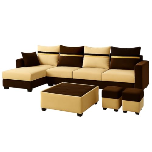 Image of CASASTYLE Wallis 8 Seater Fabric LHS L Shape Sofa Set with 1 Centre Table & 2 Puffy (Cream- Brown) Velvet Finish | Comfortable Sectional Sofa for Living Room