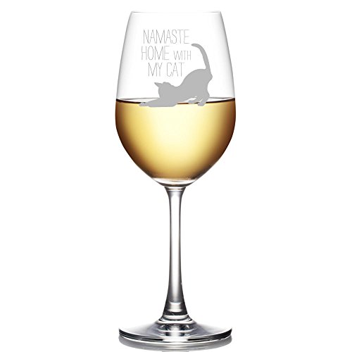 Namaste Home With My Cat Engraved 18-ounce Wine Glass
