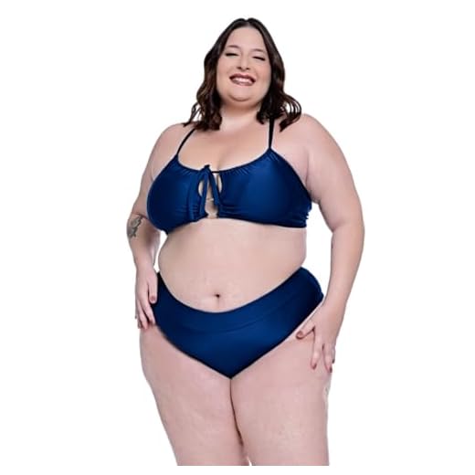 Biquíni Plus Size Com Bojo Removível Decote Ajustável Todo Forrado Costuras Reforçadas Calcinha Hot Pant Disfarça Barriga (BR, Numérico, 56, Plus Size, Marinho)