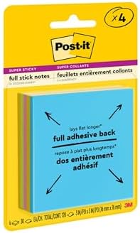 Post-it, Pełna przylepna podkładka do notatek, różne kolorowe notatki, notatki do robienia notatek i robienia notatek, 4 podkładki po 25 arkuszy, klasyczny 76 x 76 mm