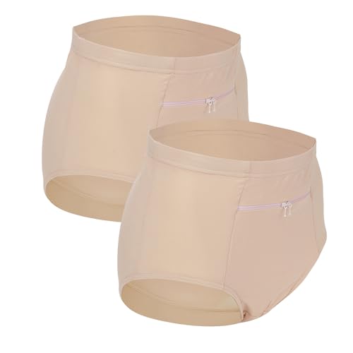 LUWOO 2 Pack Women's Underwear with Zipper Panties, Travel Womens Underwear, Waisted Brief Panties X-Large Size (Light Brown)