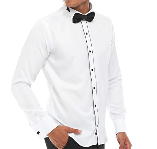 Mens Wing Collar Shirt Tuxedo White Black Piping Double Cuff Dinner Classic4