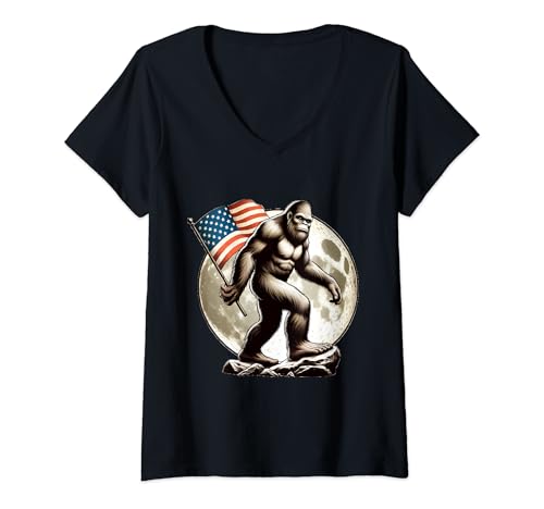 Donna Bigfoot Sasquatch Bandiera USA Pride Full Moon USA Patriotic Maglietta con Collo a V
