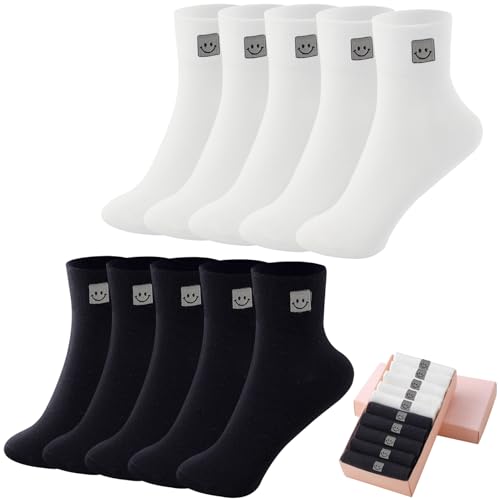 Image of HUGSWEET Cotton Soft Comfy Crew Ankle above Socks for Women Gift 5-10 Pairs | Colorful Casual Cute Funny Smiley Face Quarter Mini Crew Thin Socks, Elastic Lightweight Gifts for Women